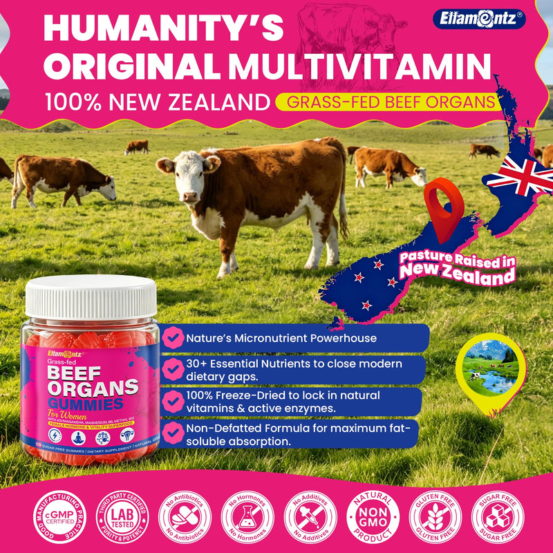 Beef Organ Supplement for Women- Grass Fed Beef Liver Gummies, Sugar Free | Grass-Fed Liver, Heart,Kidney, Spleen, Uterus,Ovary, Fallopian Tube, Magnesium for Energy, Cortisol & Hormone Balance, 2Pack