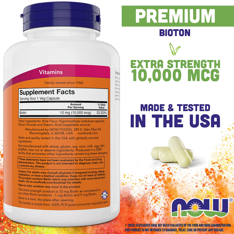 NOW Foods Extra Strength Biotin 10,000mcg / 10 mg - 200 Veg Capsules (Pack of 2) - Hair, Skin, Nail - Supplement for Men and Women - B7 Vitamin - Vegetarian, Vegan, Non-GMO 200 Count (Pack of 2)