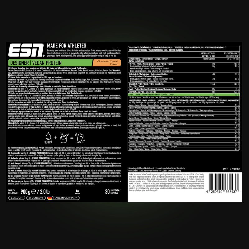 [Australia] - ESN Vegan Designer protein powder with soy, cinnamon cereal, 900 g, creamy consistency, tested quality - made in Germany 900 g (pack of 1) 