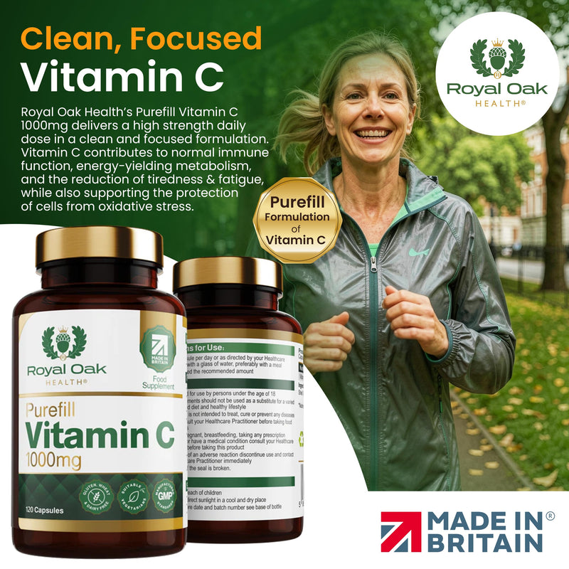 100% Purefill Vitamin C 1000mg High Strength 1 Per Day Capsules | No Fillers or Binders | 4 Month Supply | UK Made VIT C Supplement | Vegan Friendly