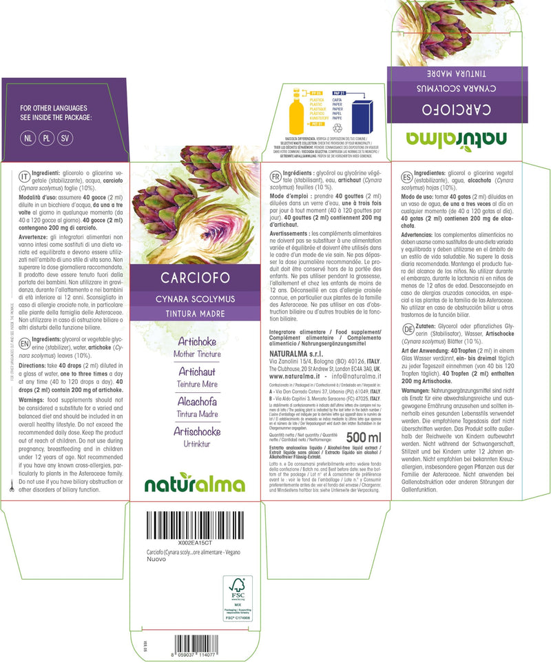 Artichoke (Cynara scolymus) Leaves Alcohol-Free Mother Tincture Naturalma - Liquid Extract Drops 500 ml - Food Supplement - Vegan 500 ml (Pack of 1)