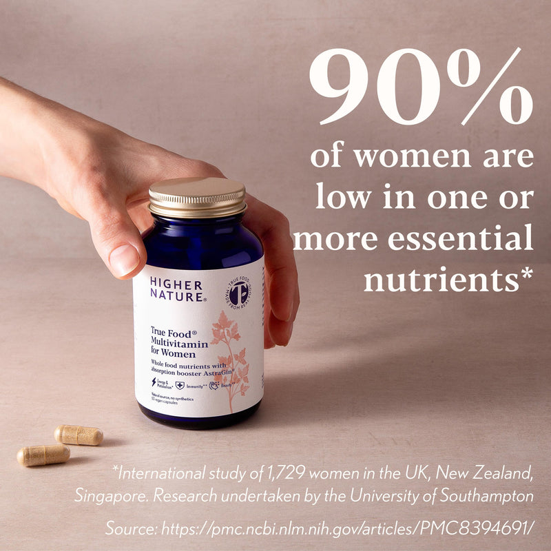 Higher Nature Multivitamin for Women | Whole Food Multivitamin | 20 Essential Vitamins & Minerals | Vitamin C, D, K, B12, Iron, Zinc | True Food® Formula | UK Female Multivitamin | 60 Capsules