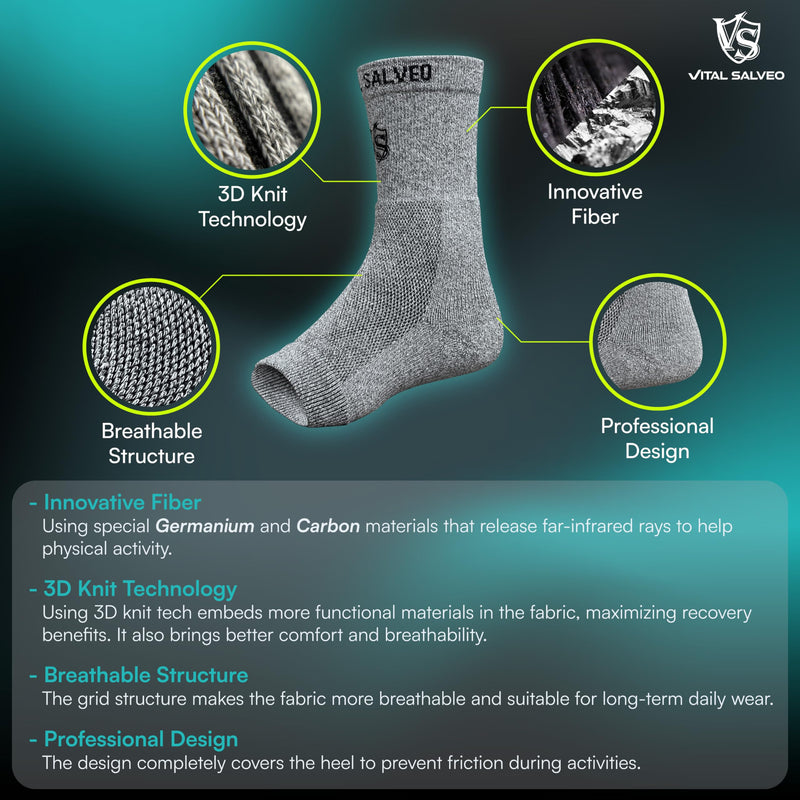 VitalSalveo Open Toes Compression Ankle Sleeve/Brace with Germanium and Charcoal – Relieves Swelling, Achilles Tendon Pain, Plantar Fasciitis, Foot and Joint Pain, Supports Sprained Ankles, Arthritis, Inflammation, and Circulation – Suitable for Day an...