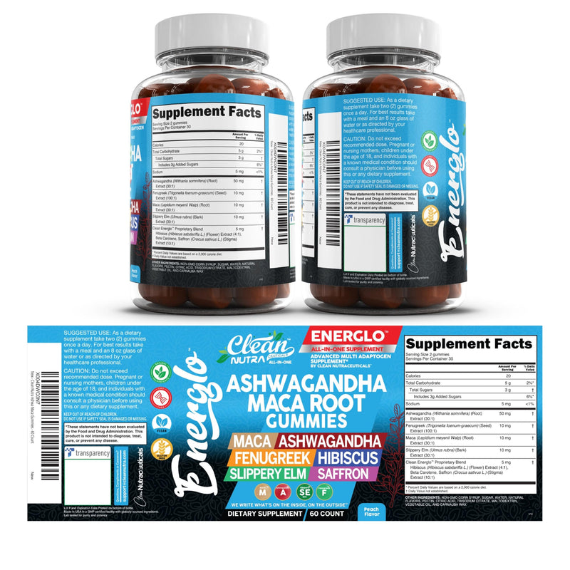 Ashwagandha Maca Root Gummies with Fenugreek Hibiscus Slippery Elm Saffron Extract & Beta Carotene | Peach Flavor Vegan Gummy Vitamins Adaptogen Cortisol Supplement Energlo By Clean Nutra 1