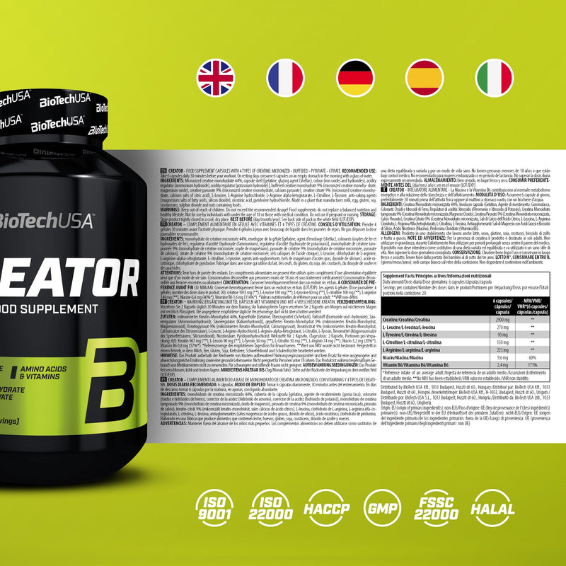 BioTechUSA Creator | with 2 Types of Creatine | Amino Acids | Vitamin B6 | Caffeine-Free | Easy-to-Dose Formula, 120 Capsules