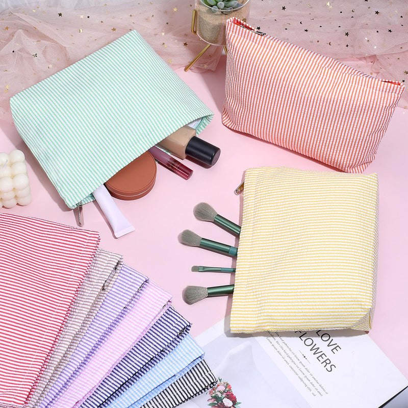 10 Pcs Seersucker Makeup Bag, 10 Colors Striped Polyester Cosmetic Bag Lightweight Preppy Toiletry Travel Storage Pouch for Wedding Bridesmaid Gifts