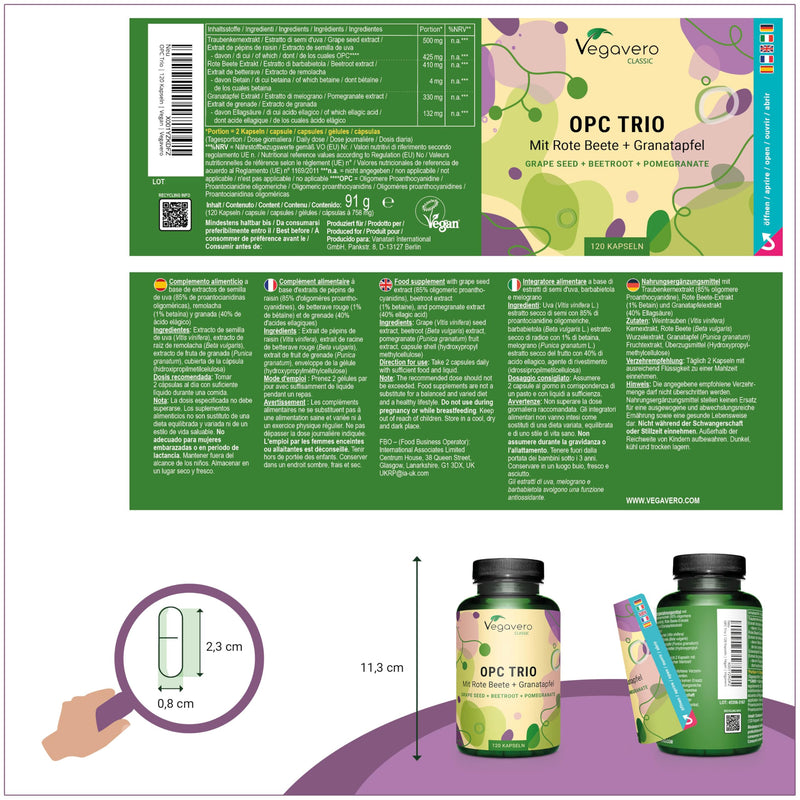 [Australia] - OPC Trio | High-dose Italian grape seed extract | With pomegranate & beetroot extract | Antioxidants | Vegan & No Additives | 120 capsules | German production of Vegavero® 