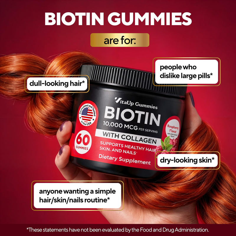 VitaUp Biotin Gummies 10000mcg for Women and Men - Extra Strength Hair, Skin and Nails Gummies with Collagen - Natural Biotin Gummy Supplement for Hair, Skin, Nails Support - 60 ct 60 Count (Pack of 1)