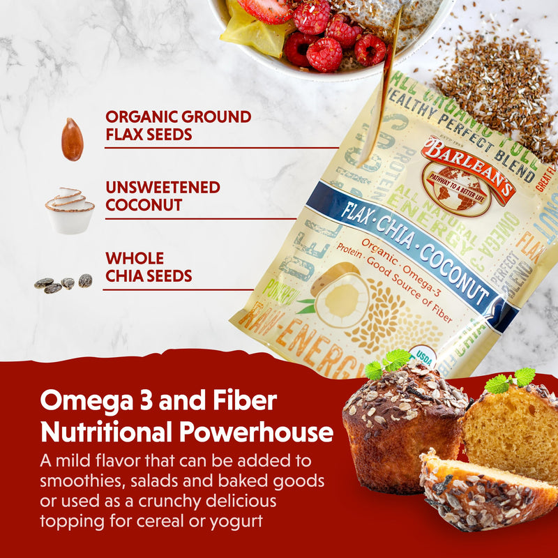 Barlean's Organic Flax Chia Coconut Seed Blend with 2,330 mg Omega 3 Fatty Acids, Fiber Supplement with Whole Chia Seeds and Ground Flaxseed, 12 oz Flax-Chia-Coconut 12 Ounce (Pack of 1)