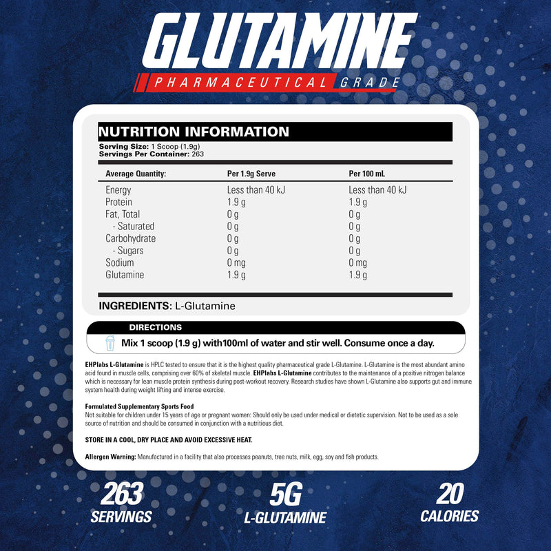 [Australia] - EHP Labs L Glutamine Powder Amino Acids - L-Glutamine, Workout Recovery, Immune Health & Gut Health Support (500g) - 100 Servings 