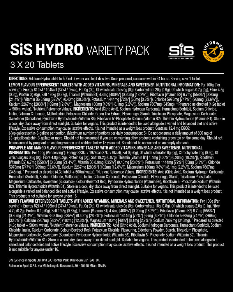 Science in Sport Hydro Electrolyte Tablets - Four Key Electrolytes and B Vitamins - Sugar-Free, Vegan & Gluten-Free Sports Hydration - Variety Pack with Different Flavours - 20 Tablets (Pack of 3) Mixed Flavors 60 count (Pack of 1)