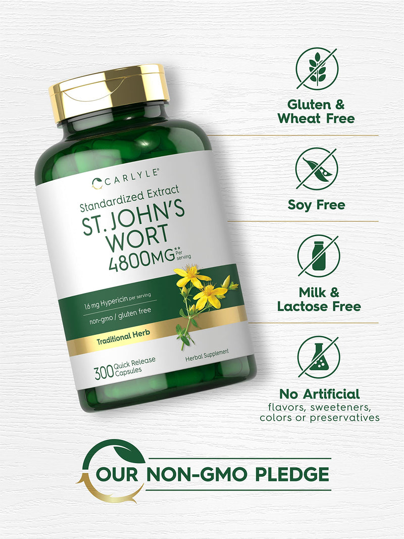 Carlyle St John's Wort Capsules | 4800mg | 300 Count | Non-GMO & Gluten Free Supplement | Standardized Extract