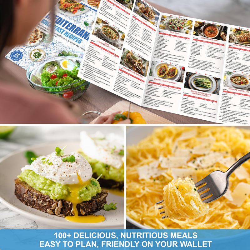 [Australia] - HAMIEW 5 Pack Mediterranean Diet Chart Food List 2025, 80+ Easy Meal Planner Recipes for Beginner (Laminated), Mediterranean Ingredient Meal Plan, Serving Sizes Calories Net Carbs, Diabetes-Friendly 