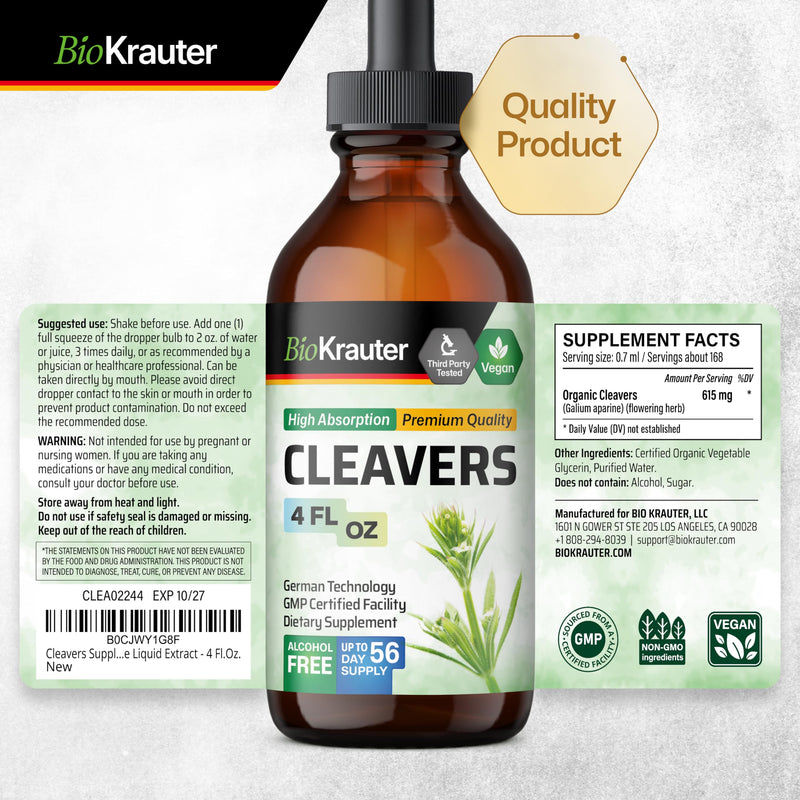 [Australia] - Cleavers Leaf Tincture - Organic Cleavers Herb Liquid Extract - Natural Body Detox - Alcohol and Sugar Free - Vegan Drops 4 Fl.Oz. 4 Fl Oz (Pack of 1) 