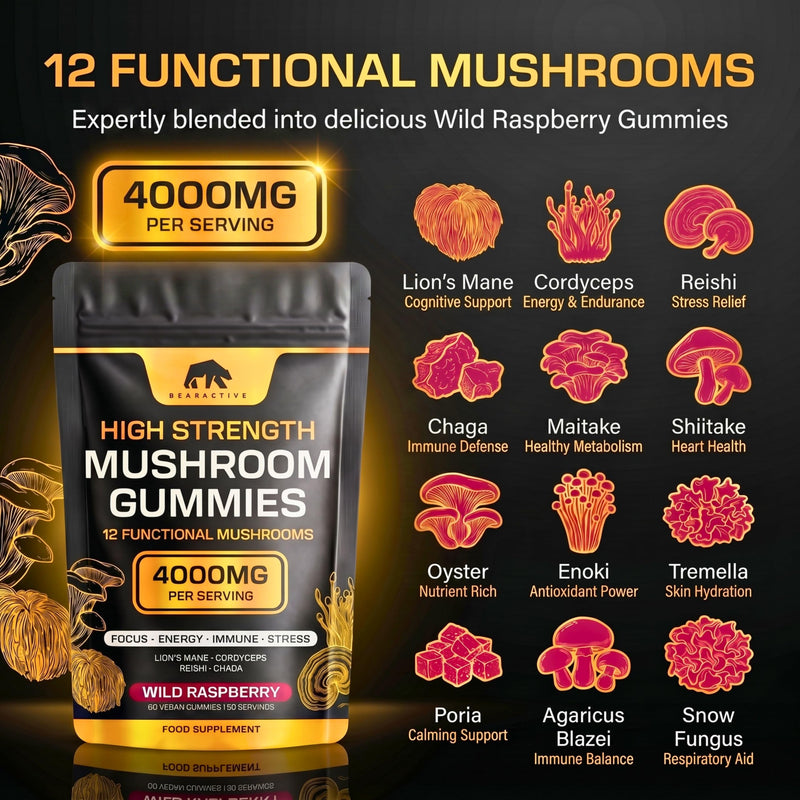 Mushroom Gummies 4000mg – 12 Functional Mushroom Complex with Lions Mane, Cordyceps, Reishi, Chaga, Maitake & Shiitake – Wild Raspberry Flavour – Vegan Food Supplement – 60 Gummies