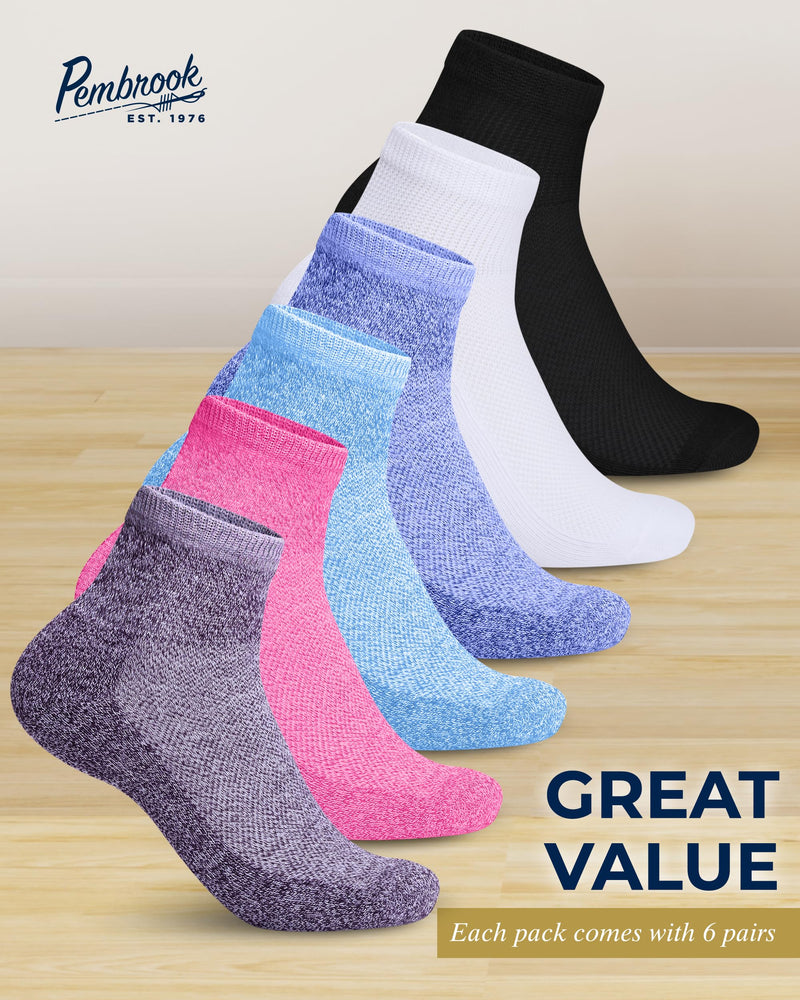 [Australia] - Pembrook Ankle Diabetic Socks for Women & Men | 6 Pairs | Wide Non Binding Socks Quarter Length | Edema Neuropathy Socks Large Bright Colors 1 - 6 Pairs 