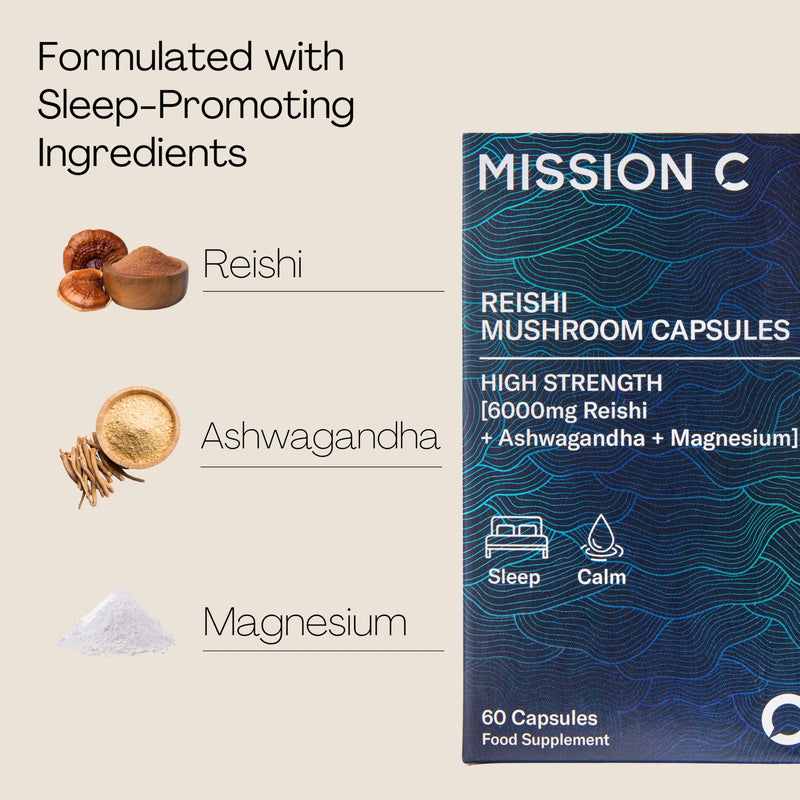 Reishi Mushroom Capsules 6000mg with Added Magnesium and Ashwagandha | Nootropic Supplement for Sleep, Relaxation, Calm | 60 Two-a-Day Vegan Capsules - Mission C Reishi, Vegan