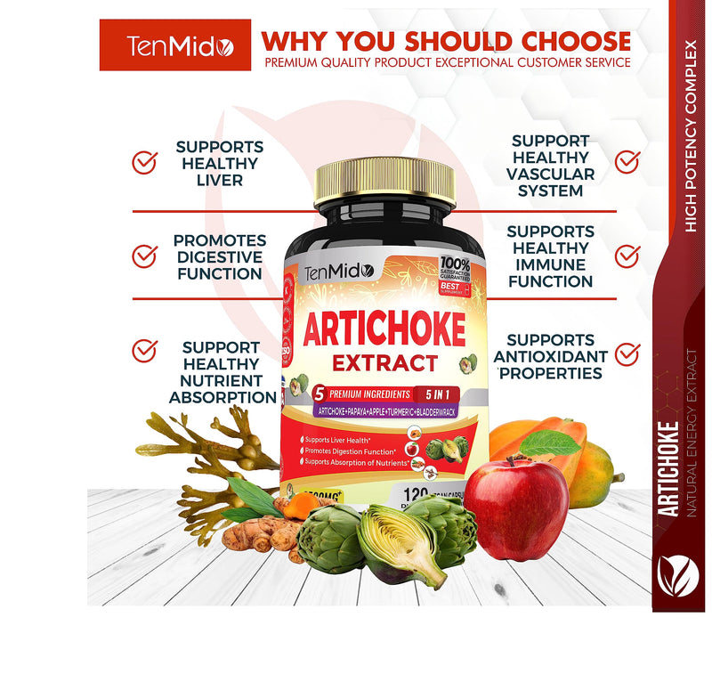 [Australia] - Artichoke Supplement Extract Capsules 6500mg, 4 Months Supply with Papaya, Apple Pectin, Turmeric Curcumin, Bladderwrack - Supports Digestion Function - 120 Vegan Capsules 