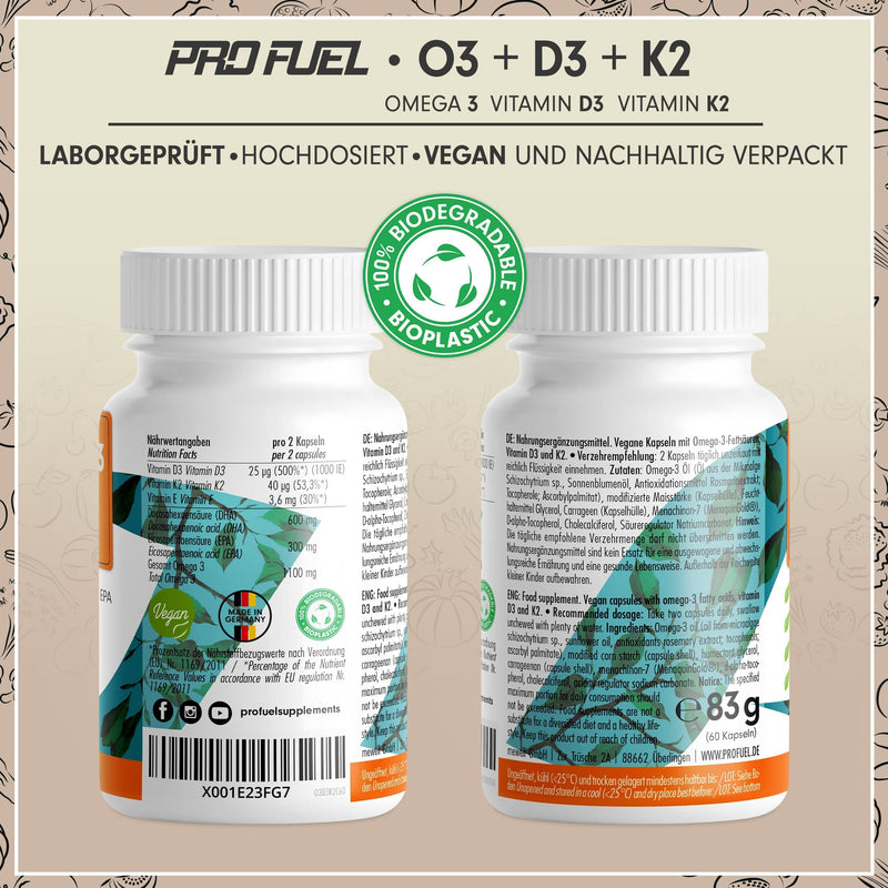 [Australia] - Omega-3 vegan + D3 & K2 (60x), 1100mg algae oil with 600mg DHA & 300mg EPA + 1000 IU vitamin D3 + 40 µg vitamin K2 - O3 D3 K2 Essentials capsules high dosage, bioavailable & laboratory tested 60 pieces (pack of 1) 