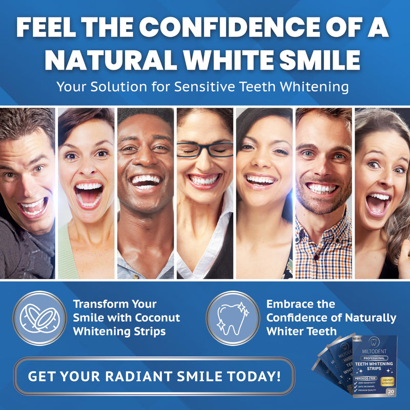 [Australia] - MILTODENT Teeth Whitening Strips | Dentist Formulated | Peroxide Free Whitening Strips for Sensitive Teeth | Enamel Safe | Mint, Coconut (20 Count) 20 Count (Pack of 1) 