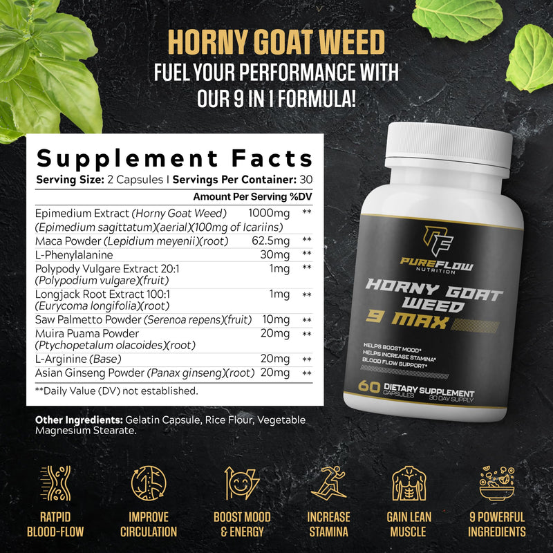 [Australia] - PureFlow 9 in 1 Horny Goat Weed MAX | Fully Dosed Men's Performance Supplement | Pills for Men Fast Acting Blood Flow | 9 Ultra Ingredients for Fast Results/Science Backed - 60 Capsules 