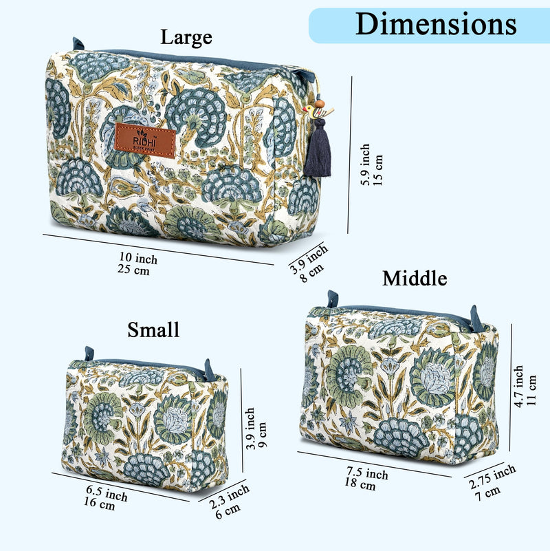 Asparagus Green Hand Block Printed Floral Toiletry Bag For Women 100% Cotton Quilted Set of 3 Waterproof Inner Lining, Cosmetic Jewelry Organizer, Travel Pouch, Essential Storage Purse Gifts Asparagus Green