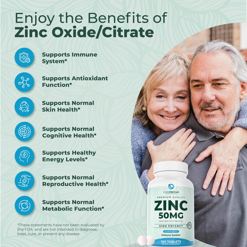 PurePremium Natural Zinc 50mg Supplements for Men/Women - GMP-Certified High Potency Vitamin Zinc Citrate/Oxide for Adults, Immune Antioxidant, Energy Support - 100 Tablets (Pack of 2) 1 Count (Pack of 200)