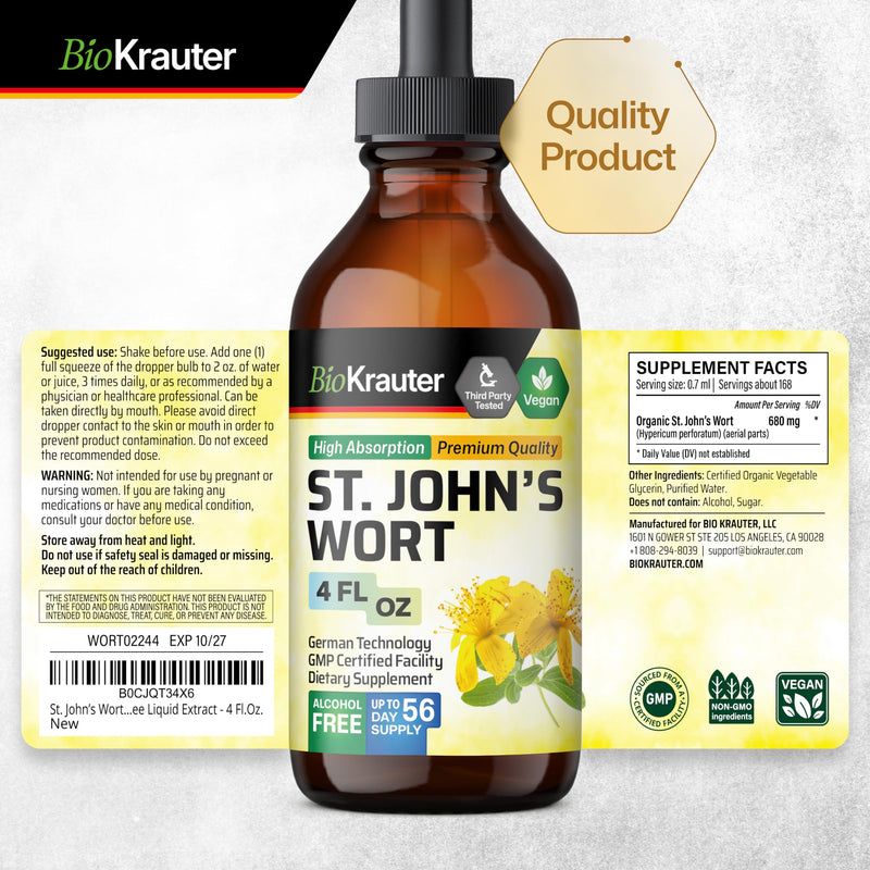 [Australia] - St Johns Wort Tincture - Organic Hypericum Perforatum Liquid Extract for Mood Support - High Absorption - St Johns Wort Alcohol Free Vegan Drops 4 Fl.Oz. 4 Fl Oz (Pack of 1) 