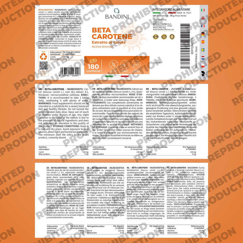 Bandini® Beta Carotene 180 Tablets | Beta-Carotene Supplement Rich in Vitamin A for an Intense tan and Radiant Skin | Carotenoid Tanning Tablets for Men & Women | Enhancing Natural Skin Tone | Vegan