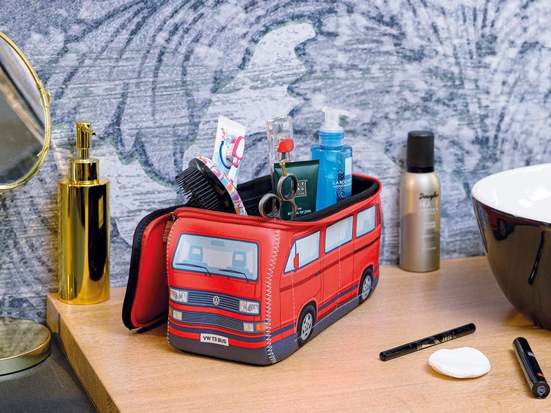 BRISA VW Collection - T3 Bus Camper Toiletry Bag Cosmetic Case | Volkswagen Toiletry Bag Cosmetic Case, Water-Repellent, Hanging Hook, 4 Mesh Pockets for Travel, Bathroom, Neoprene, Large Red Groß (30 x 14 x 12 cm)