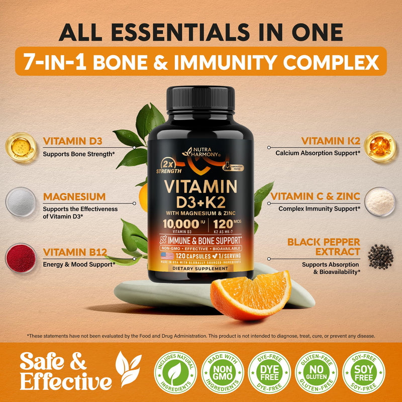 Vitamin D3 K2 - Vitamin D3 10000 iu & K2 as MK-7 120 mcg Complex - 120 Caps | D3 K2 + Magnesium, Zinc & Vitamin C & B12- Immune & Mood Support, Bone & Teeth Health - for Men & Women - Highly Bioavailable 120 Count (Pack of 1)