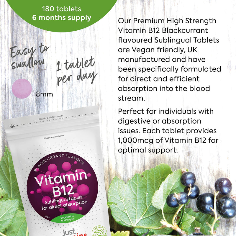 Vitamin B12 High Strength 1000mcg | 180 Vegan Tablets | Supports Energy, Metabolism & Reduces Fatigue | Blackcurrant Flavoured Sublingual Tablets | UK Made - Just Vitamins