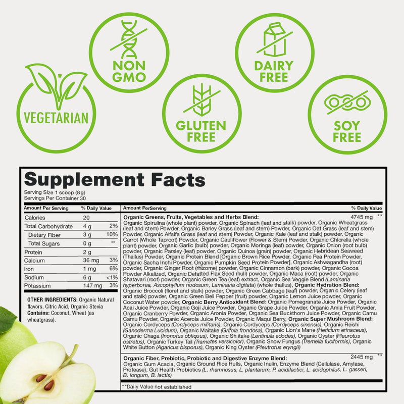 [Australia] - Zena Nutrition Organic Super Greens Powder, 70+ Superfoods, 0 Sugar, 3G Fiber, Spirulina, Chlorella, Antioxidants, Prebiotics/Probiotics, Digestive Enzymes, Green Apple, 30 Servings 