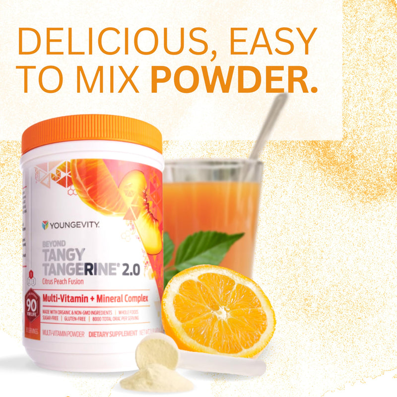 Youngevity Beyond Tangy Tangerine 2.0 Citrus Peach Multivitamin Powder | Citrus peach multivitamin powder, natural whole foods, 8,000 ORAC, blended vitamins and minerals, daily nutrition support 16 Ounce (Pack of 1)