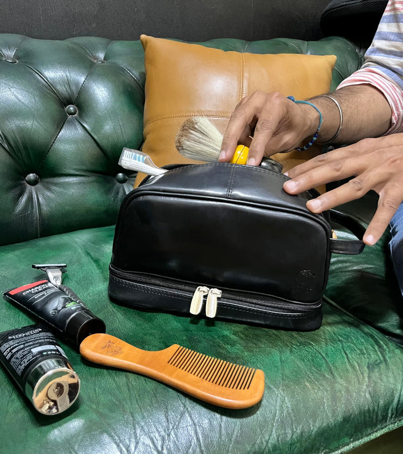 Leather Toiletry Bag for Men - Full Grain Travel Dopp Kit & Shaving Bag | Handcrafted, Dual Compartment, YKK Zipper, TSA Carry-On, Waterproof Lining, Metal Feets, Makeup & Cosmetic Organizer Black