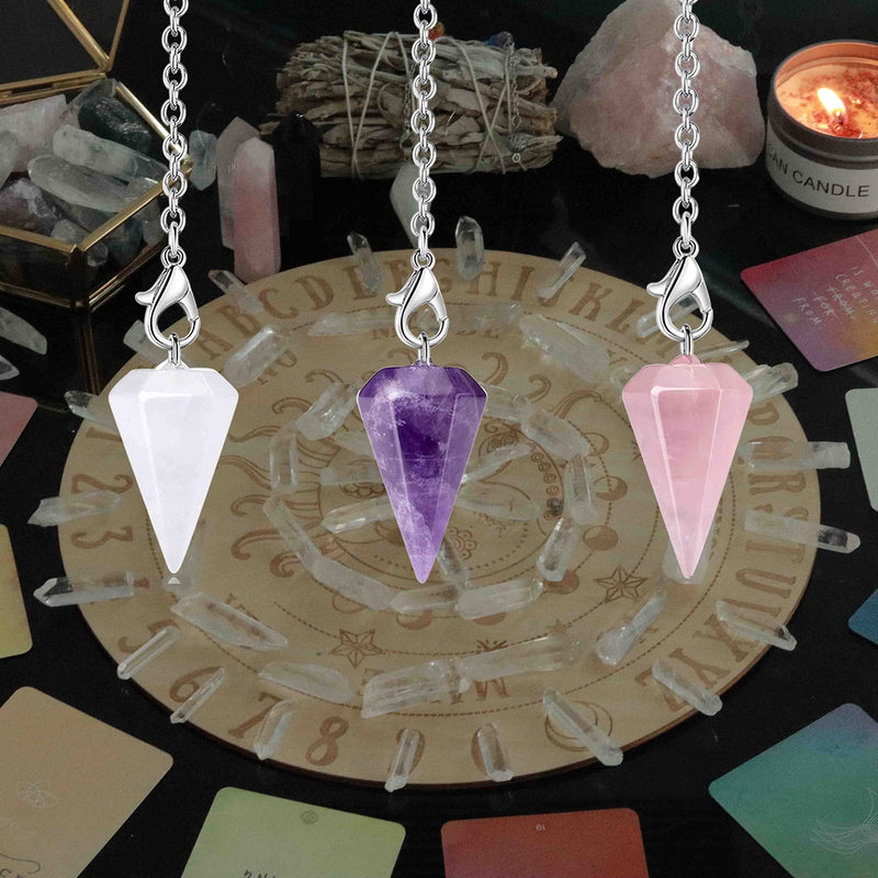 [Australia] - DUQGUHO 3 Pcs Crystal Pendulums Set for Divination Dowsing Natural Amethyst Rose Quartz Clear Quartz Healing Crystal Quartz Reiki Gemstone Pendants Witchcraft Wiccan Accessories 01 Amethyst,rose Quartz,clear Quartz 