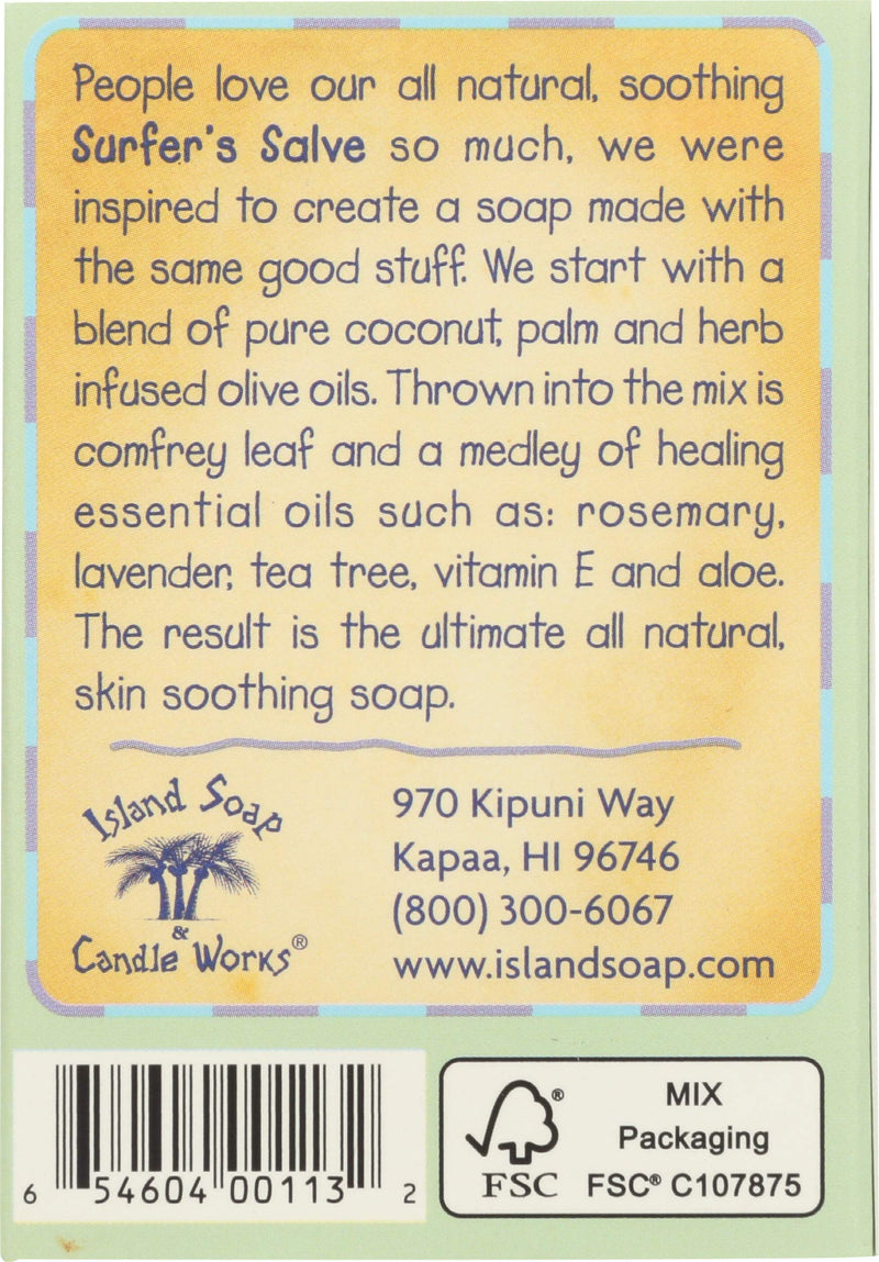 Island Soap & Candle Works Surfer's Salve Soap - Made in Hawaii w/Lavender & Tea Tree Essential Oil, Vitamin E, & Aloe - Soap for Sunburned or Damaged & Dry Skin - 3 Ounces 3 Fl Oz (Pack of 1)