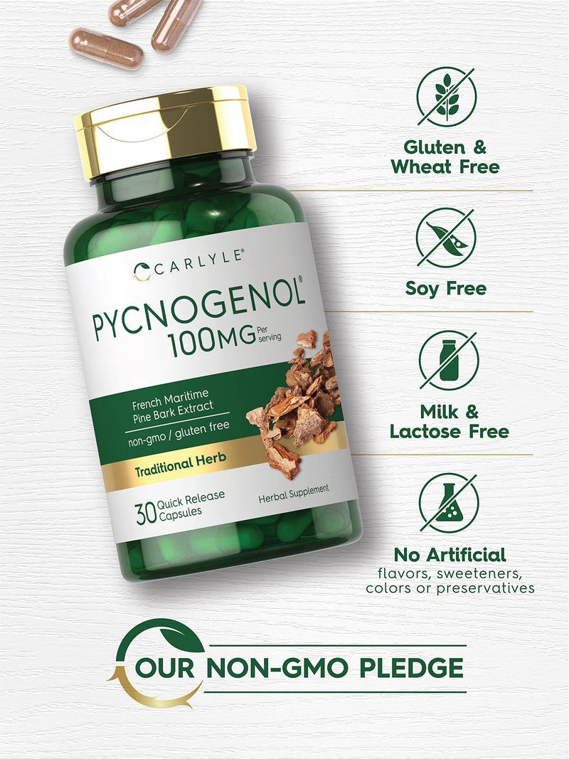 Carlyle Pycnogenol 100 mg | 30 Capsules | Non-GMO and Gluten Free Formula | French Maritime Pine Bark Extract Supplement