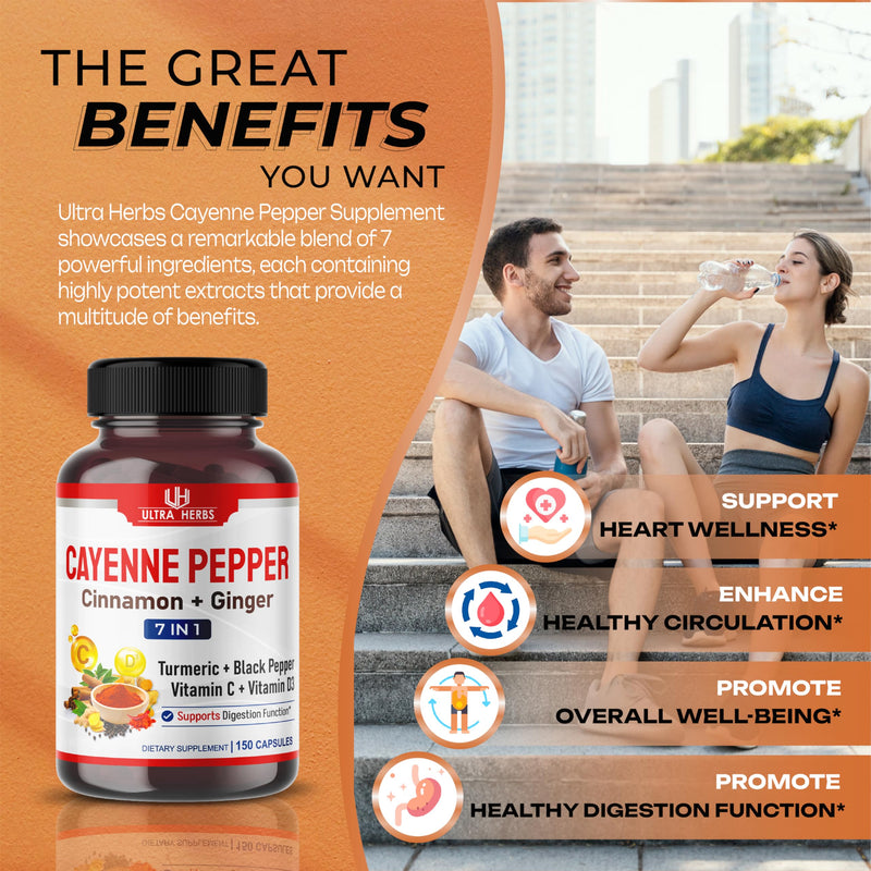 [Australia] - Cayenne Pepper 7 IN 1 - 16,250mg - with Ginger, Turmeric, Cinnamon, Black Pepper - Promotes Digestive System Function (150-day supply (pack of 1)) 150-day supply (pack of 1) 