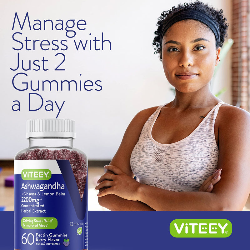 [Australia] - Viteey Ashwagandha Gummies with Ginseng & Lemon Balm - Mood, Calm & Stress Support Ashwagandha Supplements - Vegan, Gluten-Free - 120 Count 60 Count (Pack of 2) 