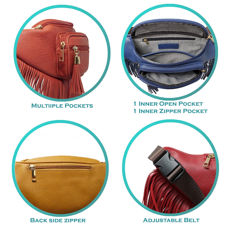Fringe Waist bag for women with Multi Zipper Pockets Orange