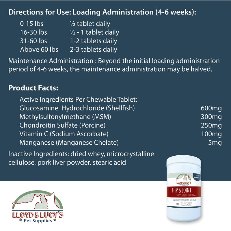 Lloyd & Lucy's Hip and Joint Supplement for Dogs - Chewable Multivitamin with Glucosamine, Chondroitin, MSM and Vitamin C - Healthy Liver Flavored Treat Pets Will Love - 180 Ct Tablets 180 Chewable Tablets - PawsPlanet Australia