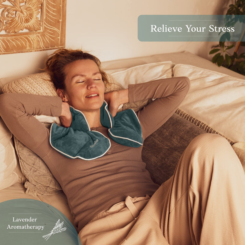 [Australia] - Qomfor grain pillow neck shoulder - heat pillow microwave - wheat and lavender filled - grain pillow microwave for pain relief, neck shoulder, back - green blue 