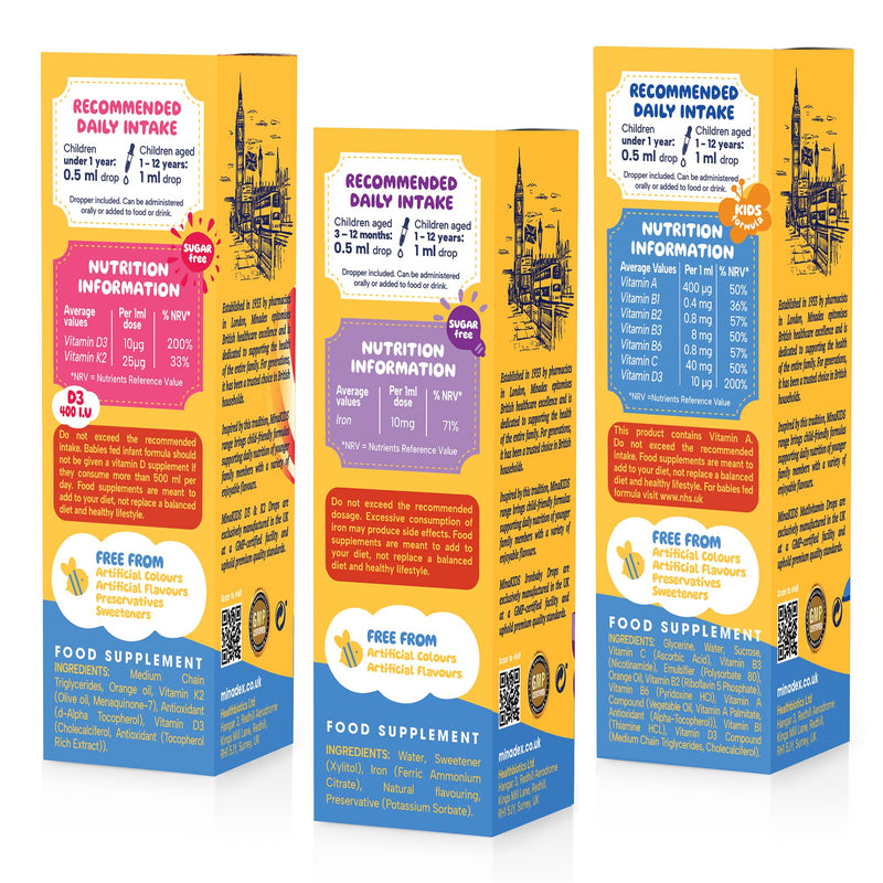MinaKids 3 Pack Bundle (60 ml x 3) | Multivitamin + Ironbaby + D3+K2 Drops | Liquid Supplements for Kids & Children | Immunity, Energy & Bone Support | Sugar-Free | Vegan | Natural Flavours