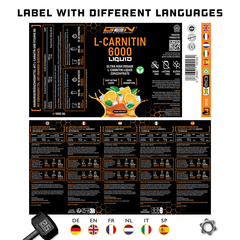 [Australia] - L-Carnitine 6000 Liquid - 1000 ml - Extra high dosage with 6000 mg of pure L-Carnitine per daily serving - Amino Workout Drink - Delicious taste (Orange Power) - Vegan 