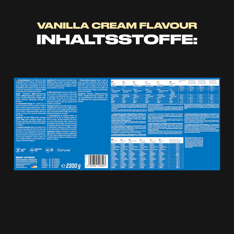 [Australia] - Body Attack 100% Whey Protein - Vanilla, 2.3 kg - Made in Germany - extra creamy protein powder with hydrolyzate and BCAAs, supports muscle building and diets, for all athletes and athletes Vanilla 76 portions (pack of 1) 