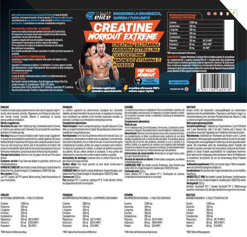 Italian Elite® Creatine Extreme, Creatine with Glutamine, Arginine, Citrulline, VIT C, Magnesium, Potassium. Pre-Post Workout 120 tabs Micronized Monohydrate with Rapid Muscle Absorption.