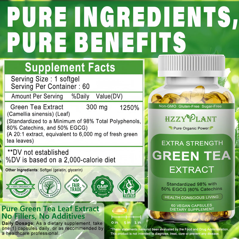 [Australia] - Green Tea Extract Softgels, High Absorption Green Tea Softgel Capsules for Energy Metabolism Antioxidant Immune Skin Heart Support, Herbal Supplement 50% EGCG for Men & Women,Non-GMO,2 Month Supply 