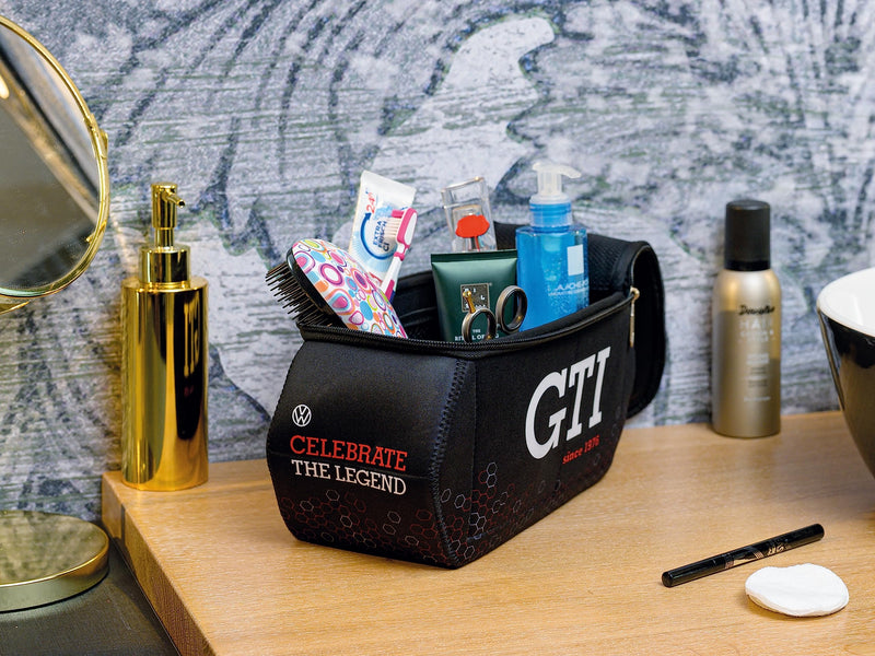 BRISA VW Collection - GTI Toiletry Bag Cosmetic Case | Volkswagen Toiletry Bag Cosmetic Case, Water-Repellent, Hanging Hook, 4 Mesh Pockets Travel Bathroom, Neoprene, Hexagon/Black Large (10.6 x 4 x 5.5 inches)