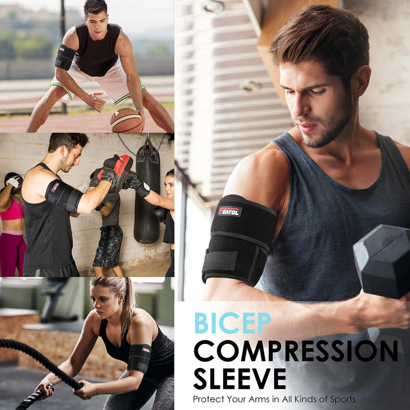 [Australia] - FEATOL Bicep Tendonitis Brace Compression Sleeve Support, Upper Arm Brace Bicep Support Bands for Pain Relief, Muscle Strains and Inflammation, Tricep/Bicep Wrap for Men and Women Black Large 